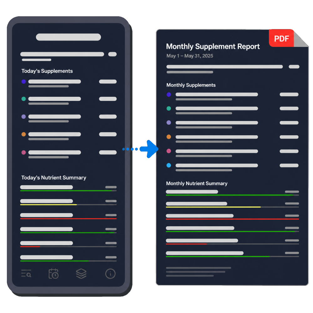 Supplement report PDF export screen showing a shareable routine summary