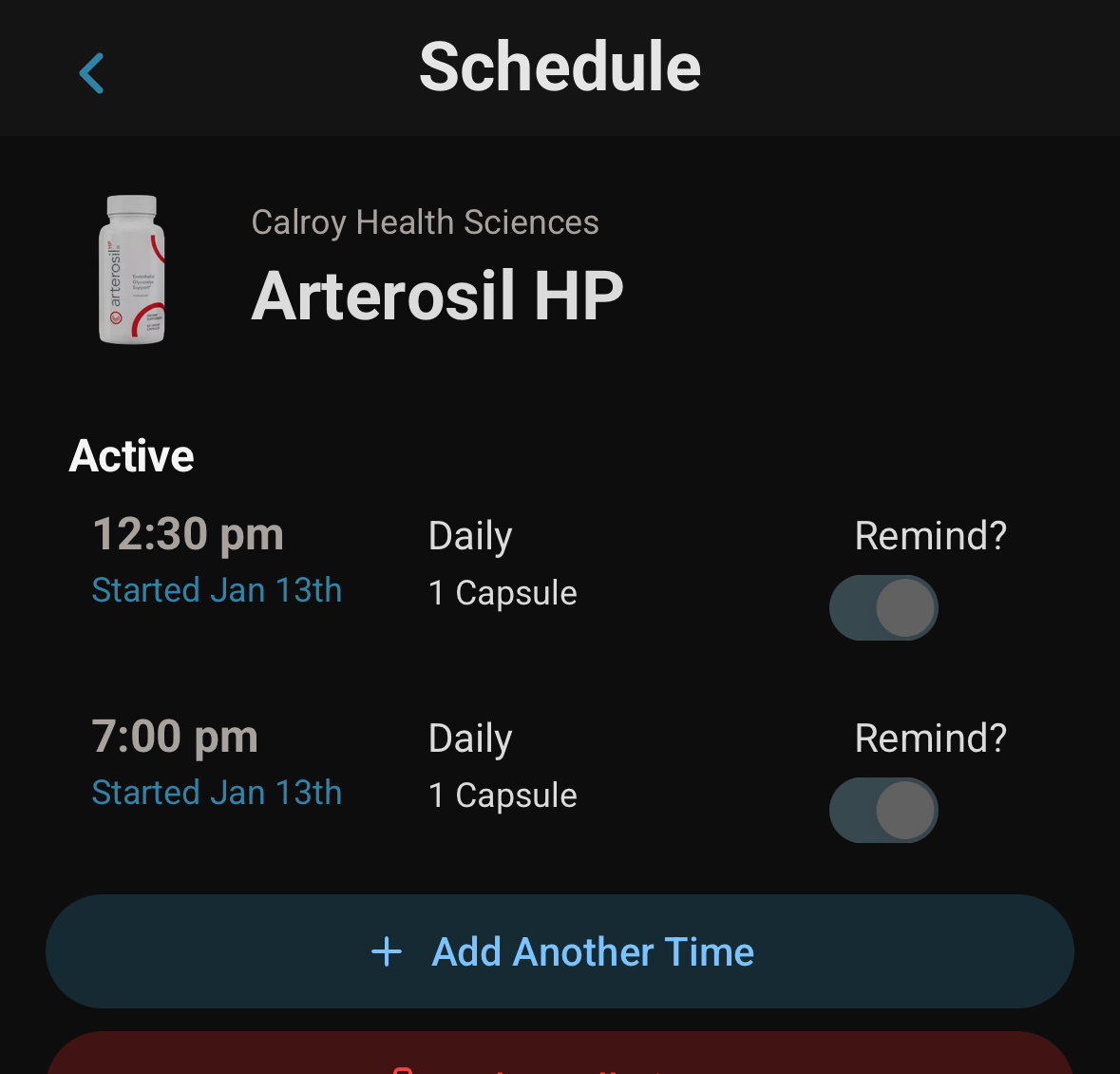 SuppTrack schedule for one supplement showing two active times, 12:30pm and 7:00pm, each daily at one capsule with its own reminder toggle
