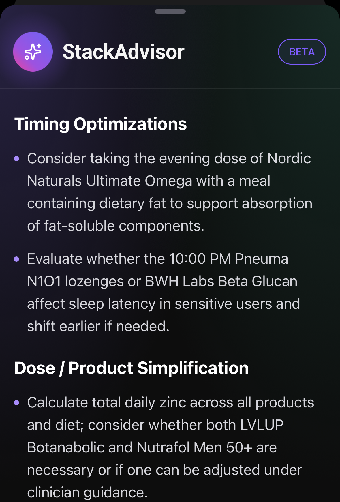 The full StackAdvisor analysis, split into Timing Optimizations, Dose and Product Simplification, and Optional Monitoring, each with specific product-level suggestions