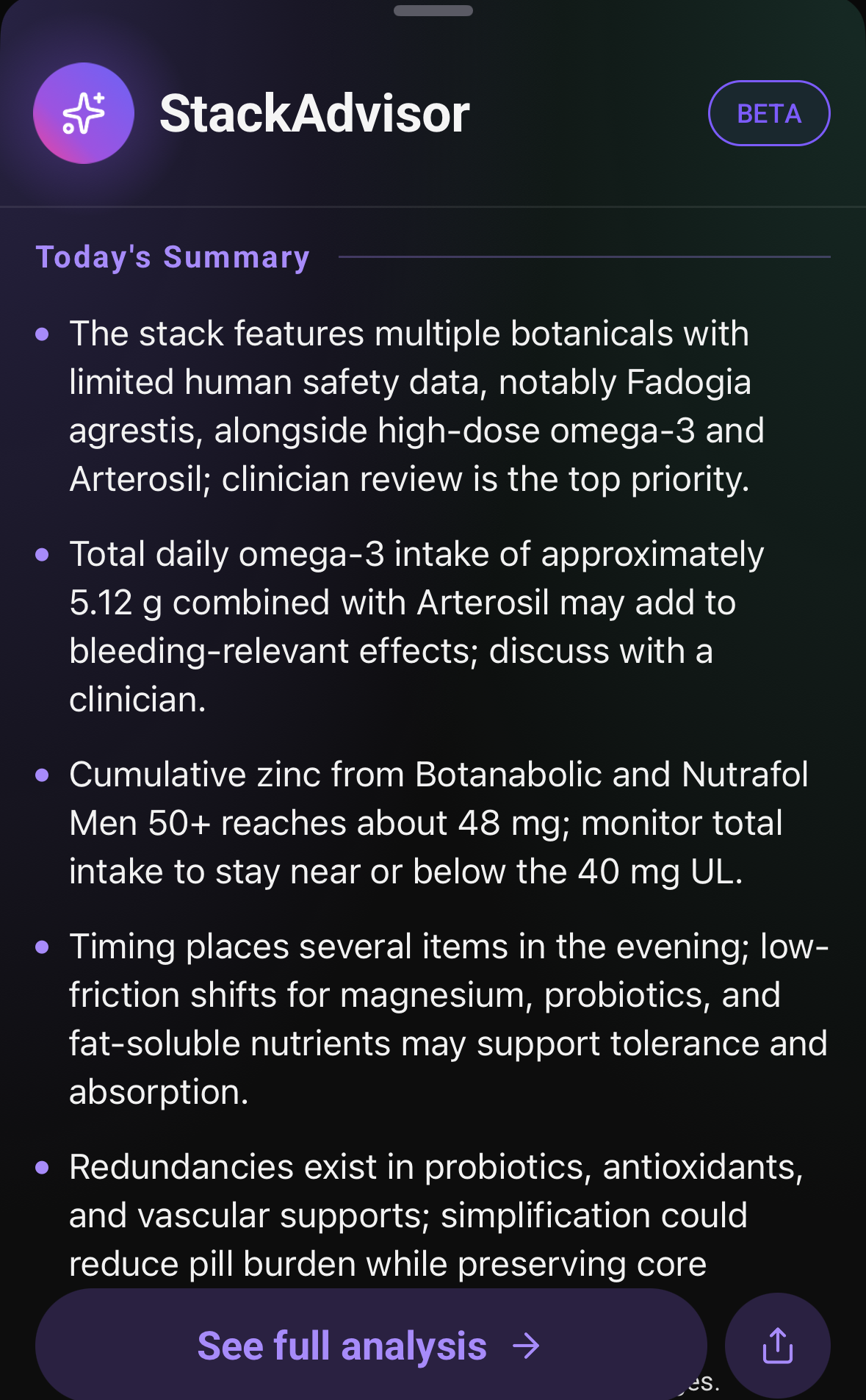 A StackAdvisor summary naming specific products and amounts, including cumulative zinc reaching about 48 mg against a 40 mg upper limit, and noting several items stacked in the evening