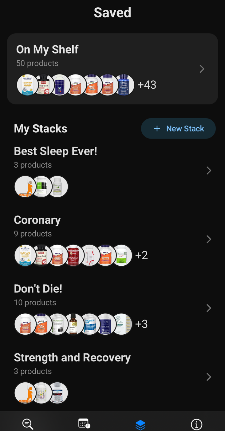 SuppTrack saved tab showing a shelf of 50 products above four goal-based stacks
