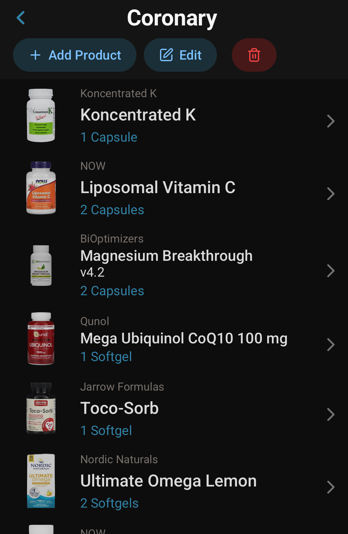 A stack named Coronary containing seven products, each showing its serving size, with a nutrient summary drawer below