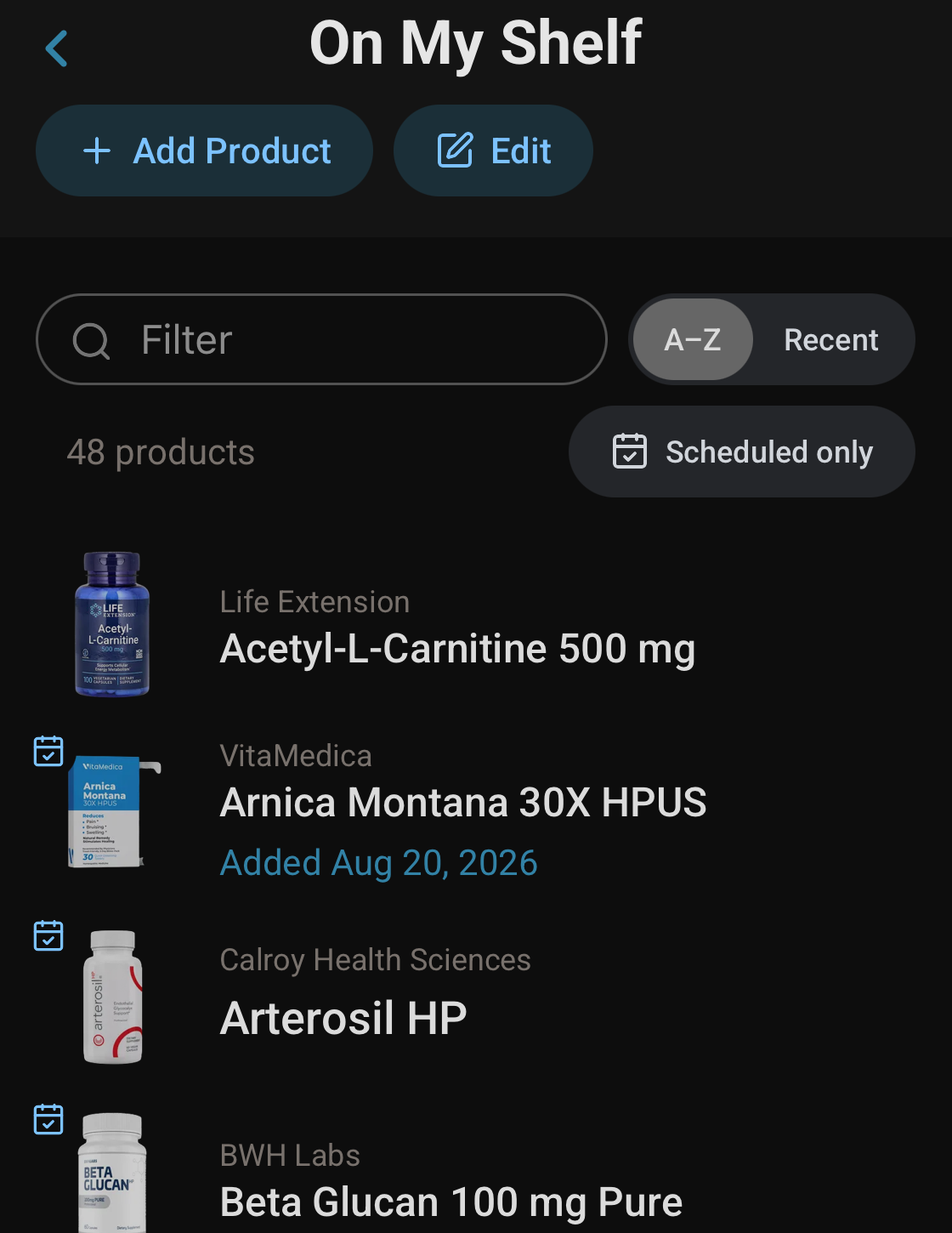 On My Shelf listing 48 owned products with a filter, an A to Z sort and a scheduled-only toggle