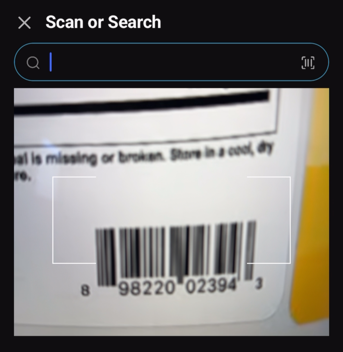 SuppTrack scan or search screen with a supplement bottle barcode lined up inside the scanner frame
