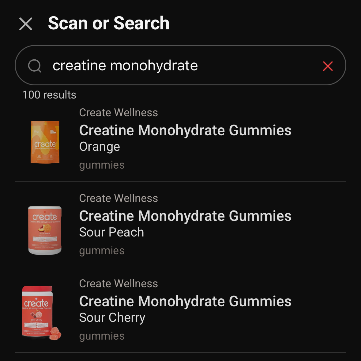 SuppTrack search results for creatine monohydrate, showing 100 matches with brand, product name, flavor and form on each row