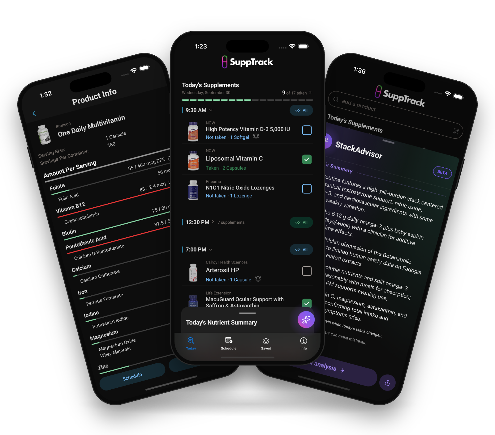 SuppTrack app screens showing supplement scanner, vitamin tracking, stacks, and reminders